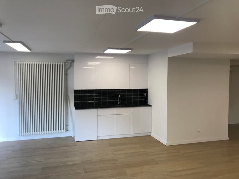 Empty room, white walls, wooden floor, white kitchen cabinets, black tiles on counter top, kitchen sink and faucet, central heating radiator, ceiling lamps