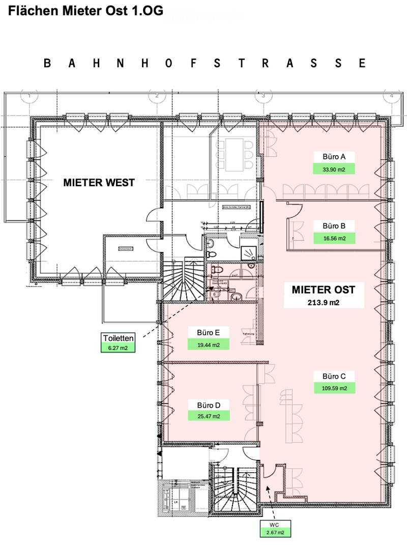 floor plan with 5 rooms: Büro A (33.90 m2), Büro B (16.56 m2), Büro C (109.59 m2), Büro D (25.47 m2), Büro E (19.44 m2) and WC (2.67 m2), toilet (6.27 m2), and east and west rental areas