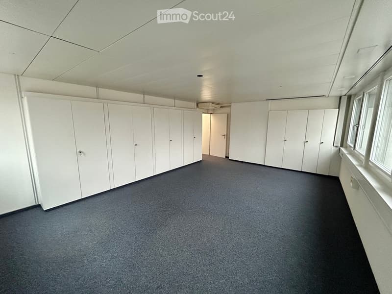 An empty room with white walls, gray carpet, built-in wardrobes, and large windows.