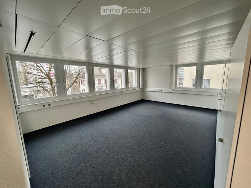 empty room, white walls, black floor, 4 windows, glass door