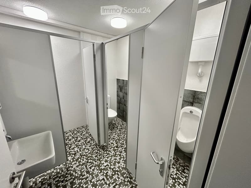 Public bathroom with urinals, sinks, and toilets