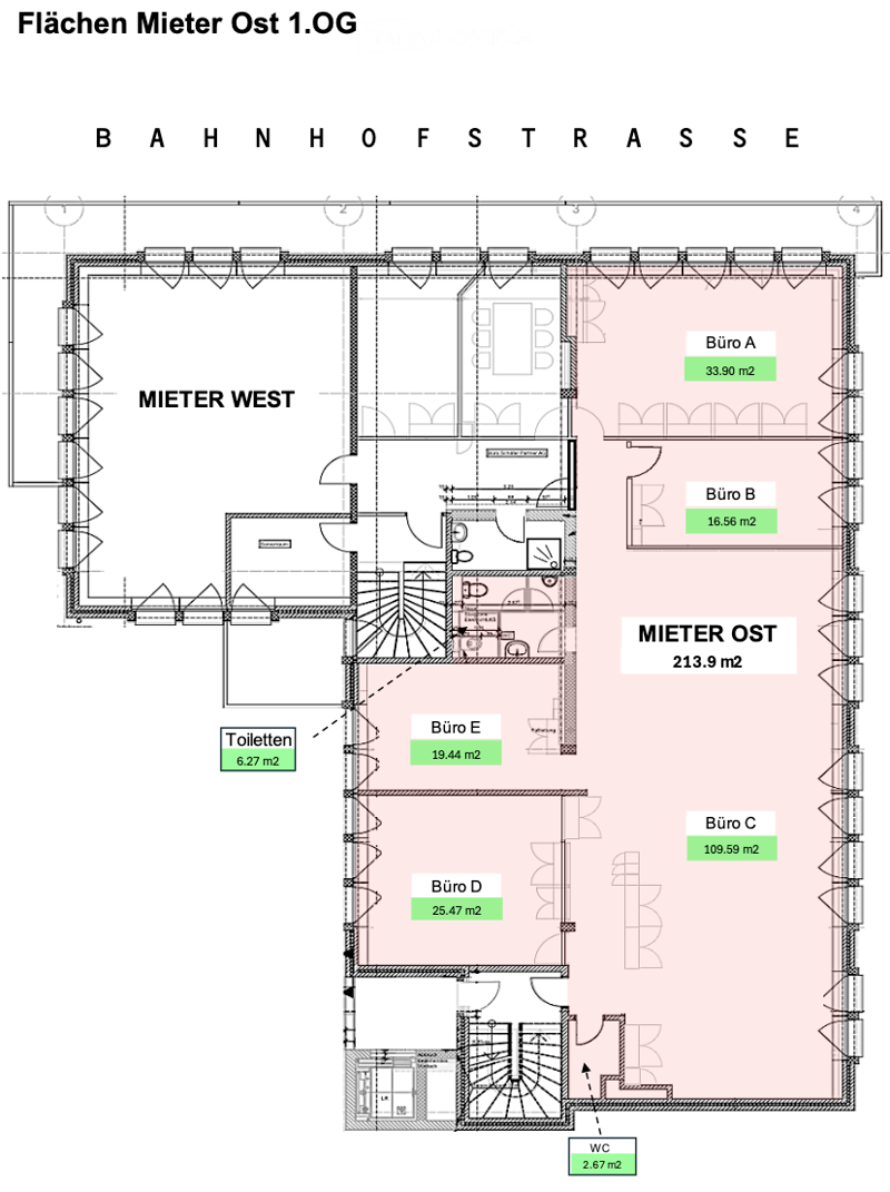 floor plan with 5 rooms: Büro A (33.90 m2), Büro B (16.56 m2), Büro C (109.59 m2), Büro D (25.47 m2), Büro E (19.44 m2) and WC (2.67 m2), toilet (6.27 m2), and east and west rental areas