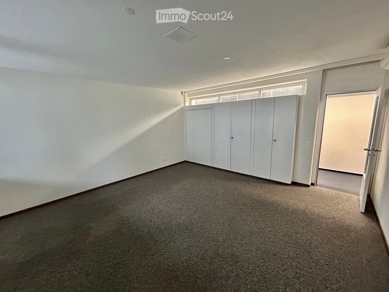 Empty room with white walls and ceiling, carpeted floor, three white doors, and a window