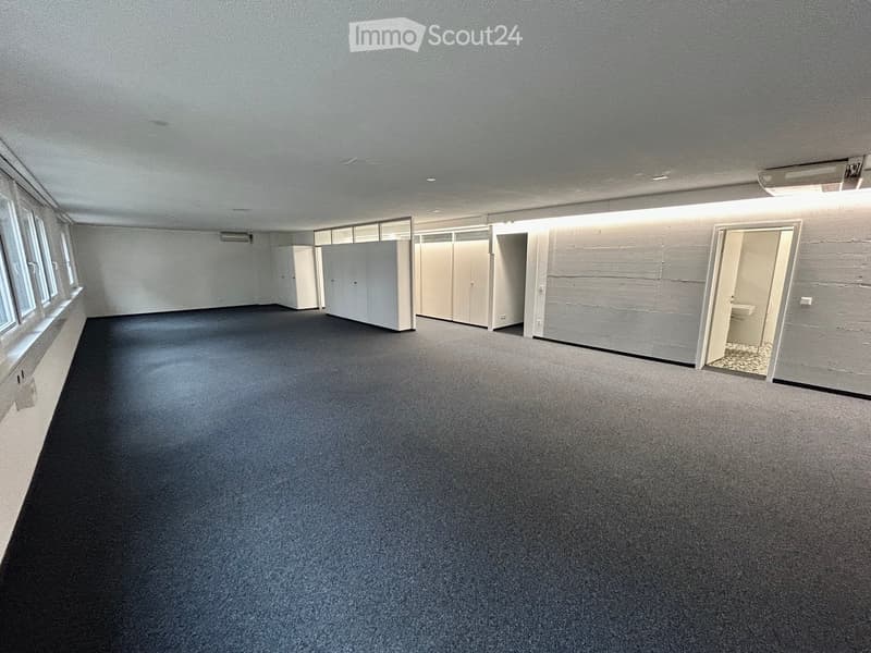 Empty room with white walls, dark gray floor, large windows, white ceilings, recessed lighting, white doors with white frames, white door leading to the washroom.
