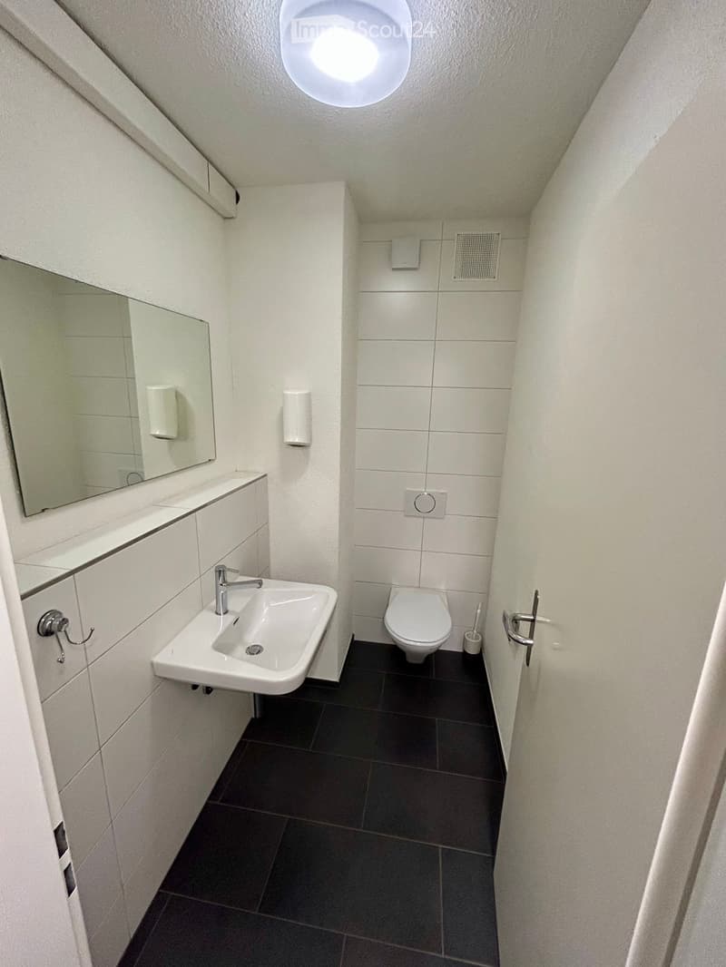 small room with white walls and black tiles on the floor, sink with faucet, mirror, toilet, and paper towel dispenser