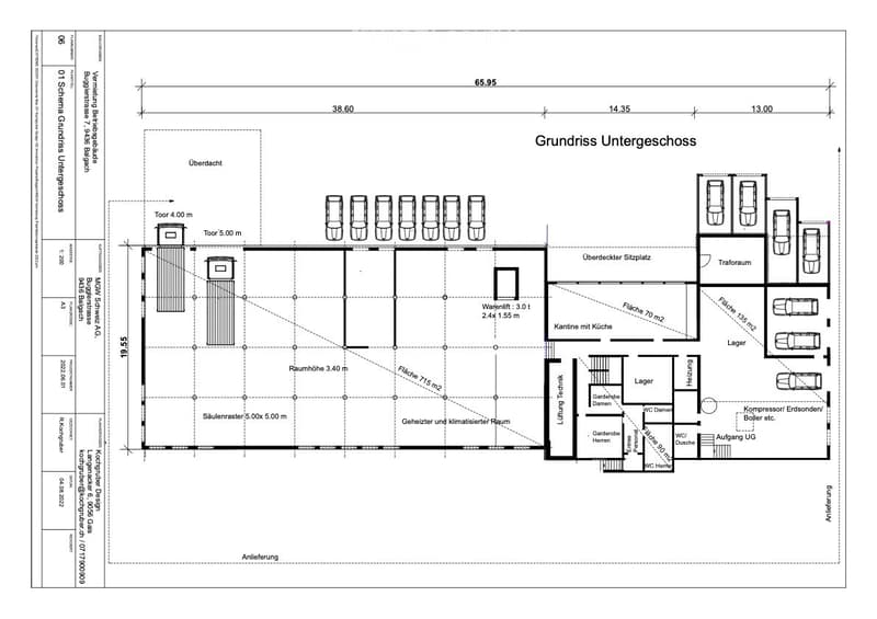 Basement floor with garage and utility rooms, ground floor with entrance hall, cloakroom, office, kitchen, dining room, living room, three bedrooms, two bathrooms, and technical rooms.
