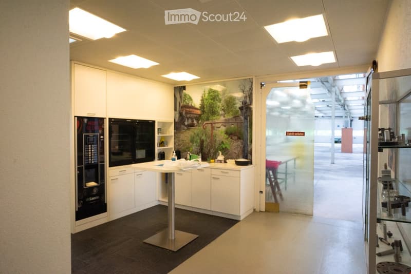 The room appears to be a modern kitchen area, featuring white cabinets, a countertop, an oven, and a coffee machine, with a mural and lamps on the ceiling.