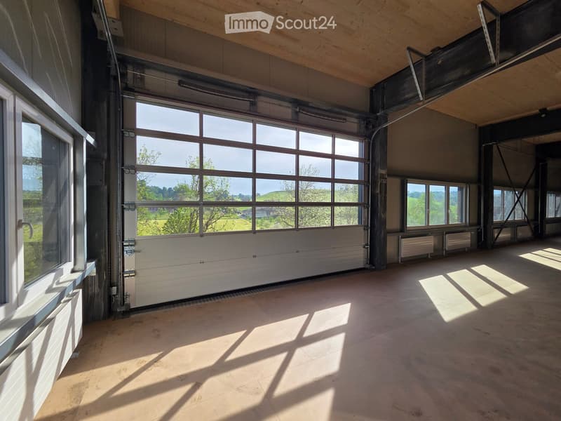 Empty room with large windows, a large garage door, and a concrete floor. No furniture or equipment.