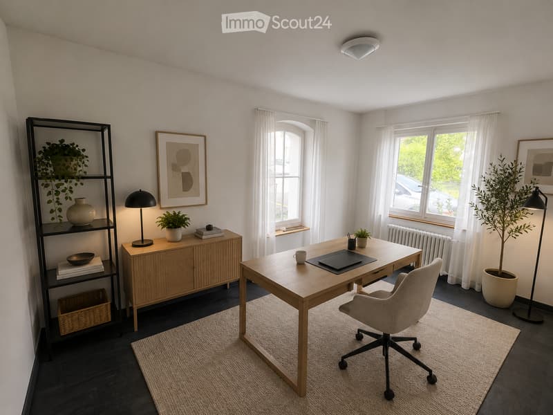 Furnished Room. Modern, well-lit room with a wooden desk, ergonomic chair, floor lamp, shelving unit with decorative items, and large windows with sheer curtains.