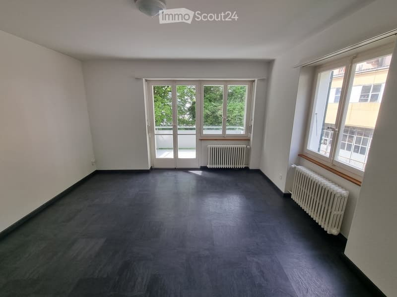 Unfurnished Room. Empty room with dark flooring, white walls, large windows, and radiators along the walls.