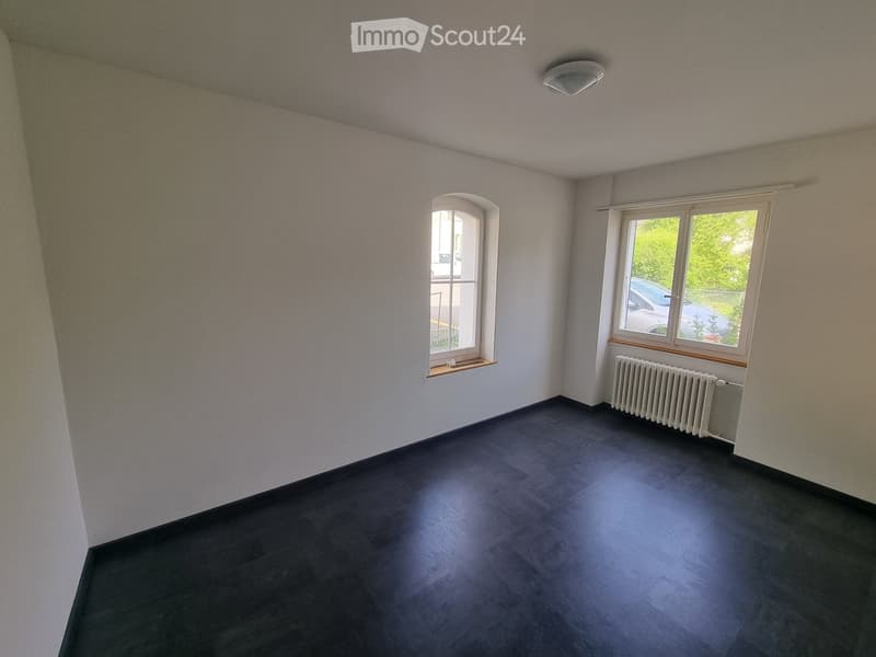 Unfurnished Room. Empty room with white walls, black flooring, two arched windows, and a white radiator.
