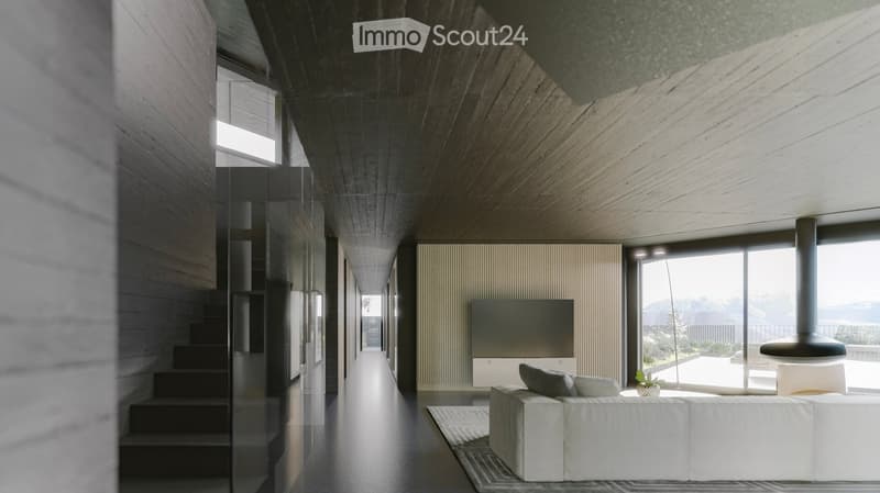 Long hallway, glass wall, white sofa, large windows, staircase