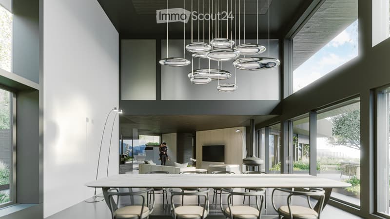 open space with dining area, large windows, modern chandelier, TV, large sofa, fireplace