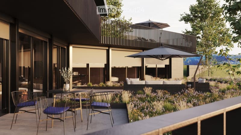 Outdoor terrace, balcony, dining table and chairs, umbrella, view of the mountains, modern architecture, natural landscape, flowers and plants, grass, buildings