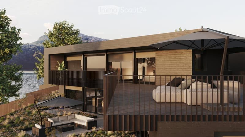 Modern house, 2 story, balcony with umbrellas and seating, scenic view, large windows, wooden railings