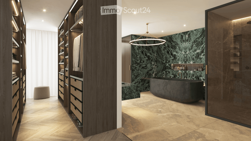 Closet with shelves and drawers, modern design, with illuminated lighting, bathroom with bathtub, sink, and green marble wall