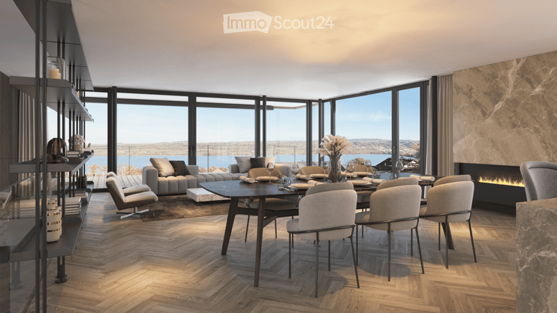 Open floor plan, hardwood floors, large windows with lake views, dining table with chairs, living room with couches, fireplace, modern shelves, table with flower vase