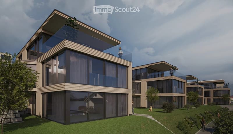 Modern design, multi-story residential complex, large glass windows, glass balconies, greenery, outdoor areas