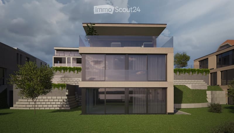 Modern design, large windows, balcony, raised ground floor