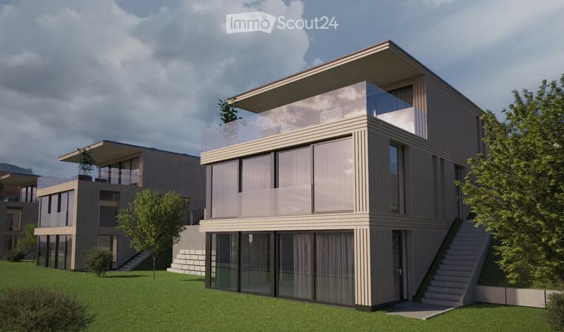 two-storey modern house with glass walls, balcony, raised ground floor