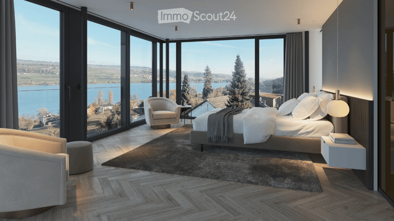 spacious bedroom with large windows, floor-to-ceiling glass walls, elegant bed, bedside tables, decorative cushions, large area rug, armchairs