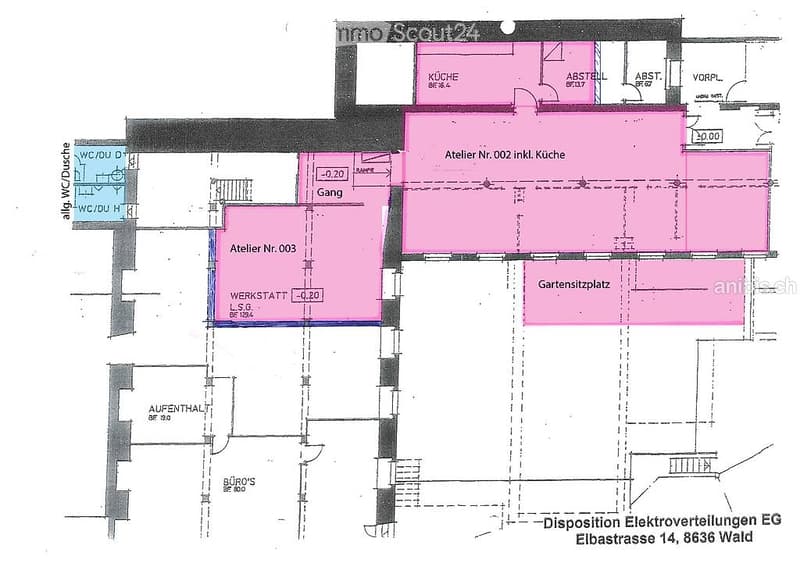Floor plan showing layout with labeled rooms, including kitchen, workshop, and garden space.