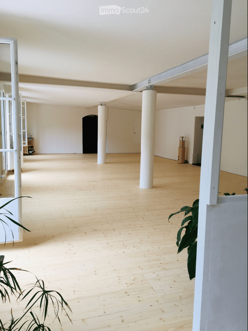 open room, white walls, wooden floor, two white columns, sliding glass doors