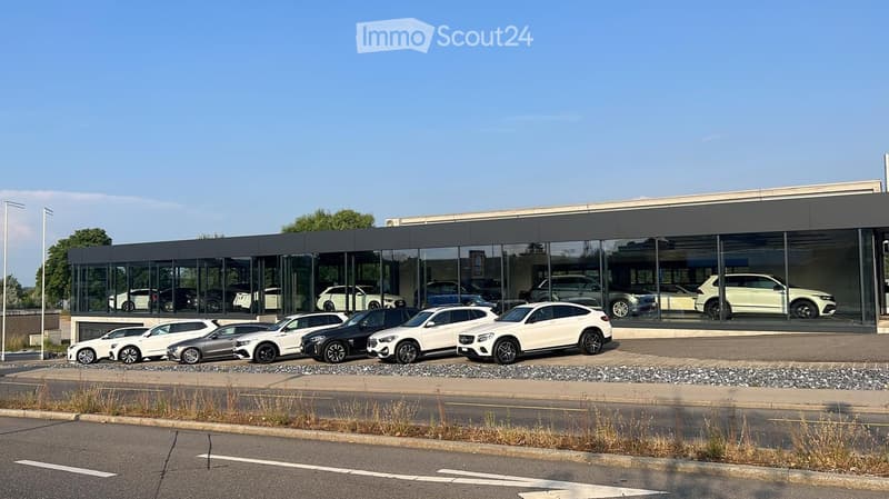 A modern showroom, large glass walls and doors, several cars parked in front, reflective glass