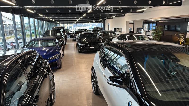 A row of cars on display, large glass windows, tiled floor, car models from BMW
