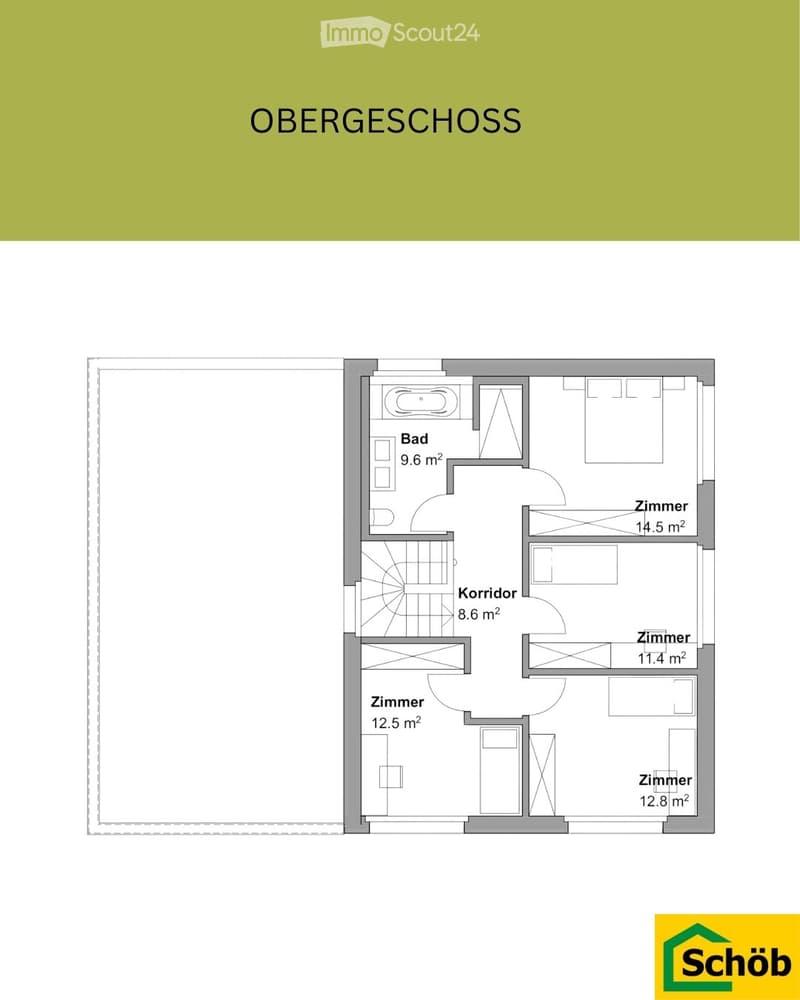 Floor plan of the top floor: 1 bathroom, 1 corridor, 4 bedrooms