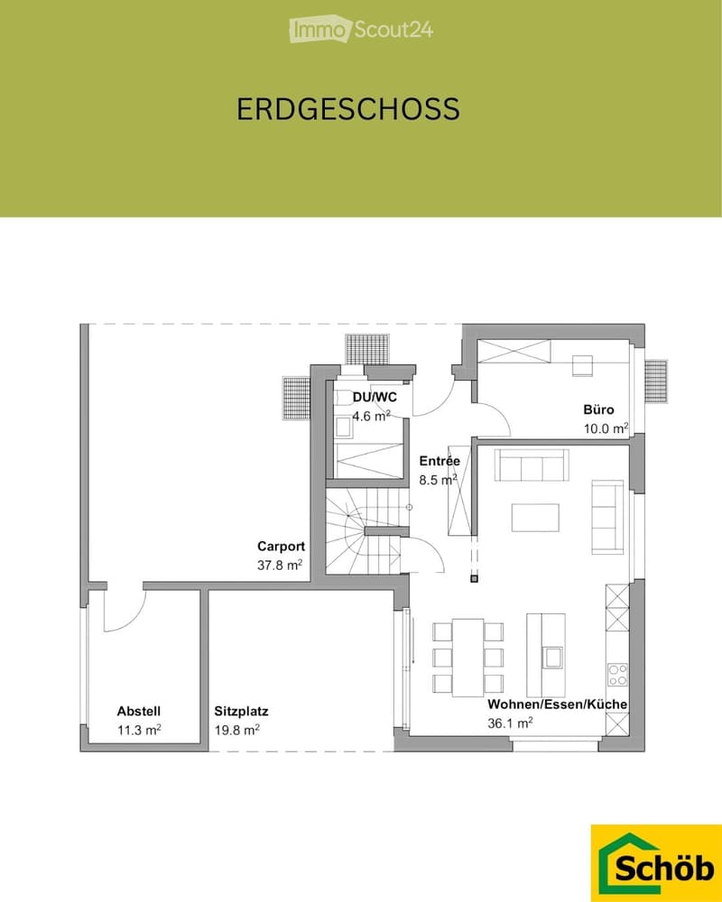 1st floor, living room, kitchen, dining room, office, balcony, WC, carport, bedroom, bedroom, office
