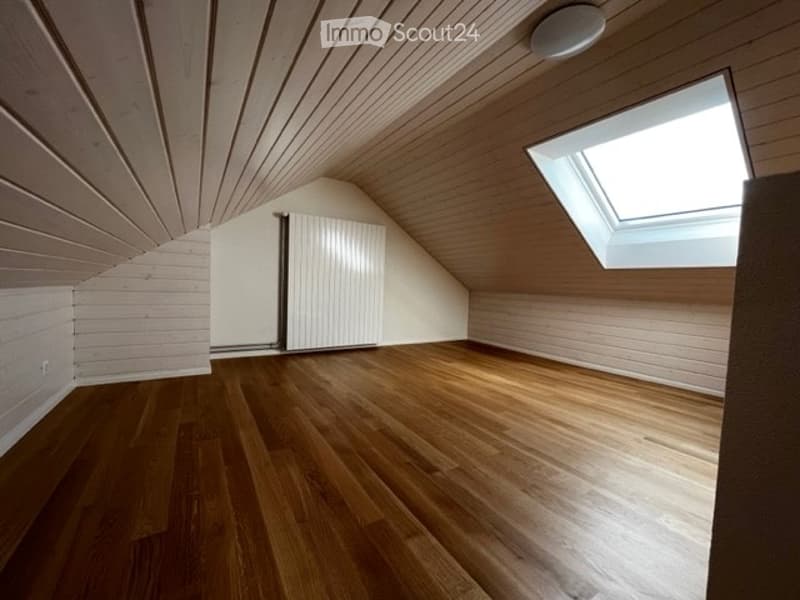 wooden floor, white ceiling, white walls, ceiling fan, skylight window, white radiator