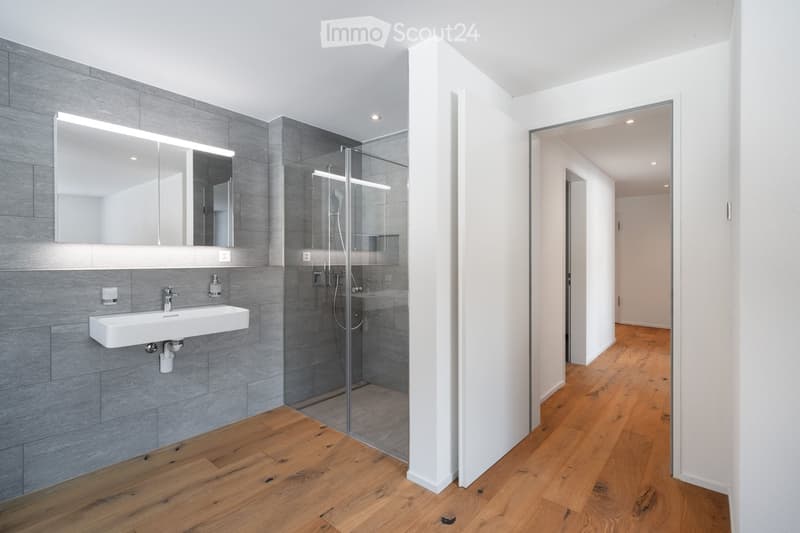 Modern bathroom with shower, large mirror, and wooden floor