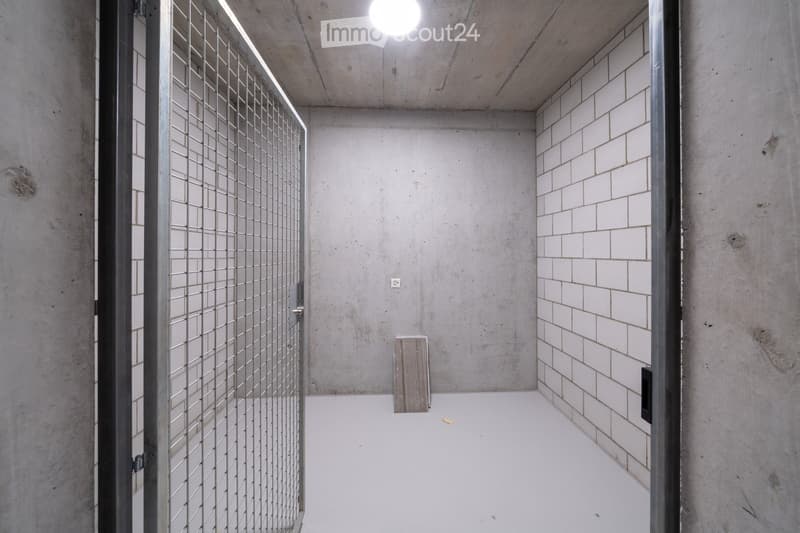 white tiled walls, concrete flooring, white ceiling, steel gate, empty room