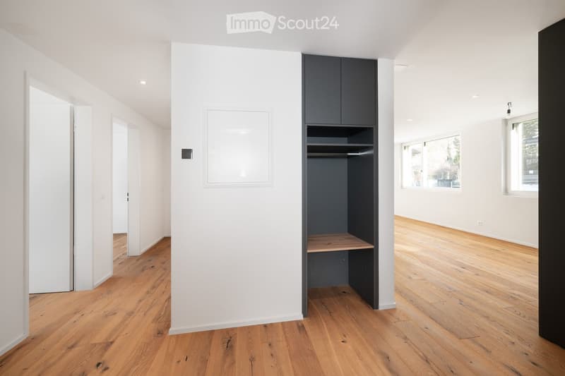 Minimalist room with built-in wardrobe, wooden floors, white walls, and an empty shelf inside the wardrobe