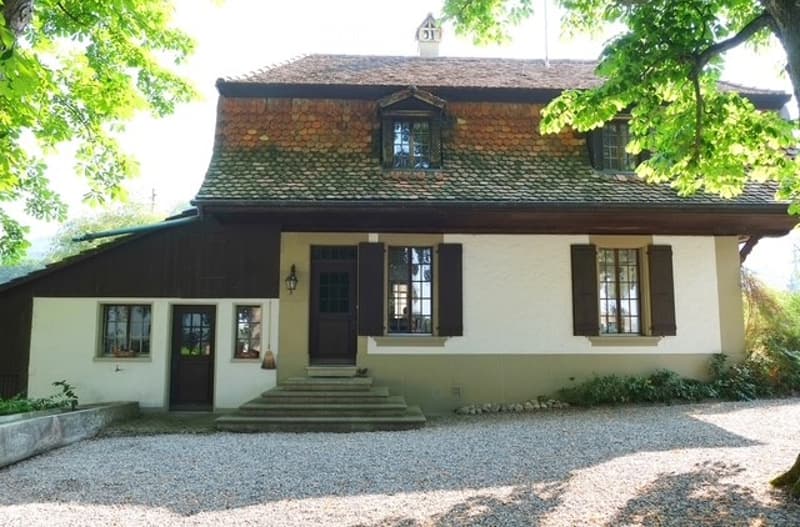 House with tiled roof, two doors, three windows, stone steps, small balcony, stone pavement, trees