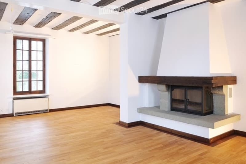 empty room, fireplace, large window, wooden floor