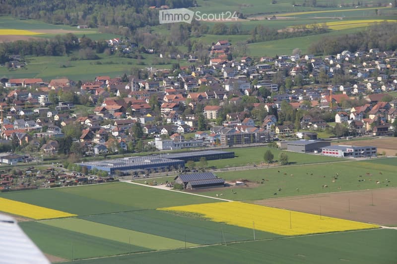 Village, multiple houses, solar panels, green fields, pastures, large buildings