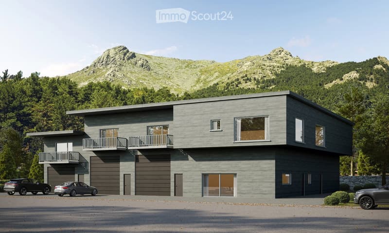 Modern house with 2 garages, 2 floors, balcony, glass windows, view of mountains