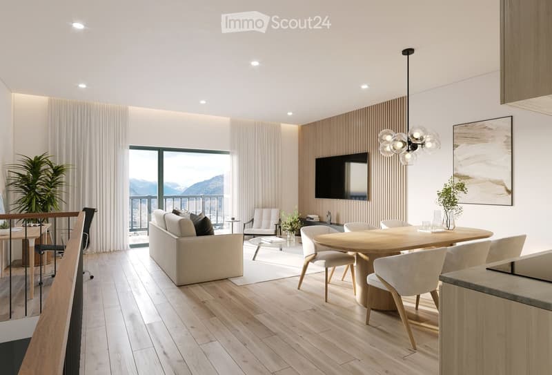 modern living space, balcony, large windows, beige sofa, dining table, open kitchen, chandelier, fireplace