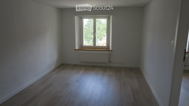 empty room, window with white wooden frame, white walls, wooden floor, white radiator