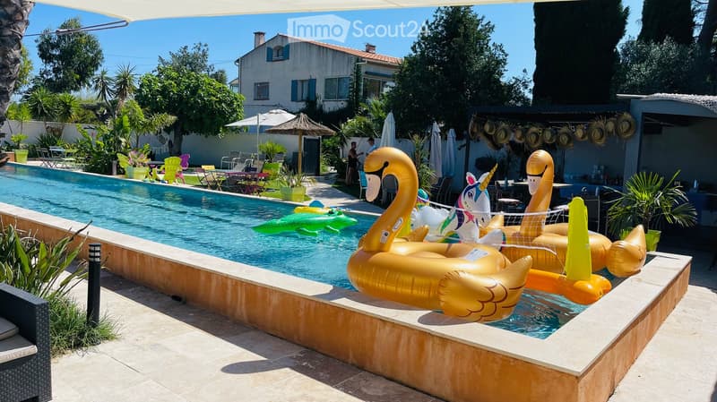 Outdoor swimming pool, inflatable floaties, deck chairs, umbrellas, garden, lounge chair, trees, house