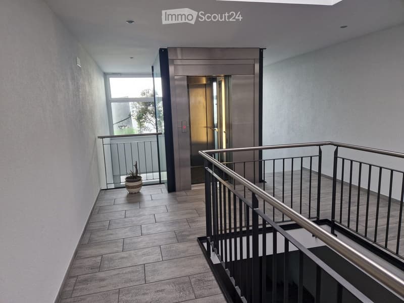 elevator, tiled floor, metal railing, potted plant