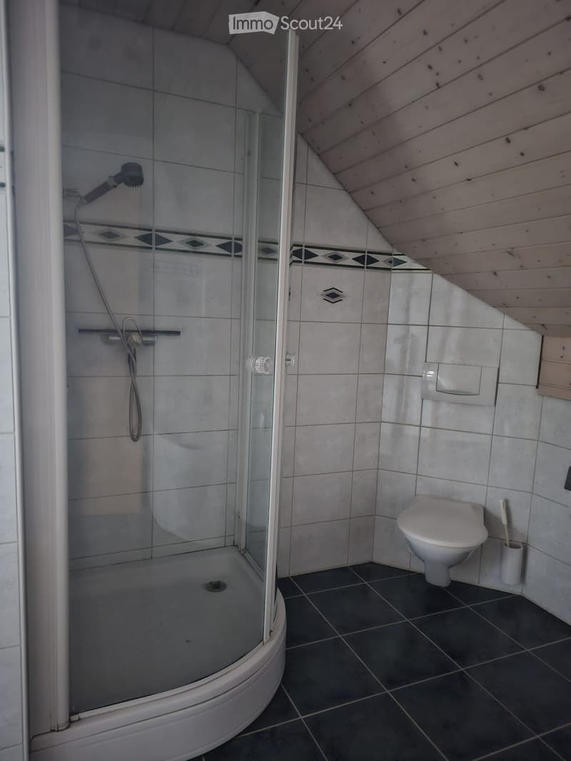 A small bathroom with a glass shower enclosure, tiled walls, a toilet, and a toilet paper holder