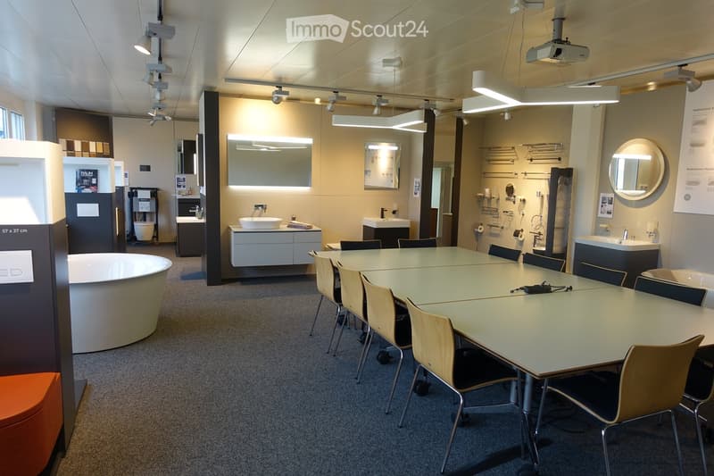 modern office space with large tables, office chairs, sinks, bathtub, lamps, monitors, projector