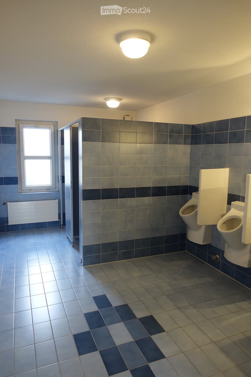 blue tiles on floor, blue and white tiles on wall, window, urinals, white ceiling lamp