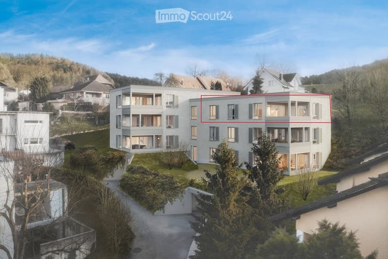 Modern architectural style, concrete block, many windows, two balconies