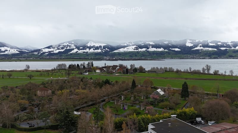 Aerial view of a park area with pathways, trees, and a body of water in the background, surrounded by snow-capped mountains.