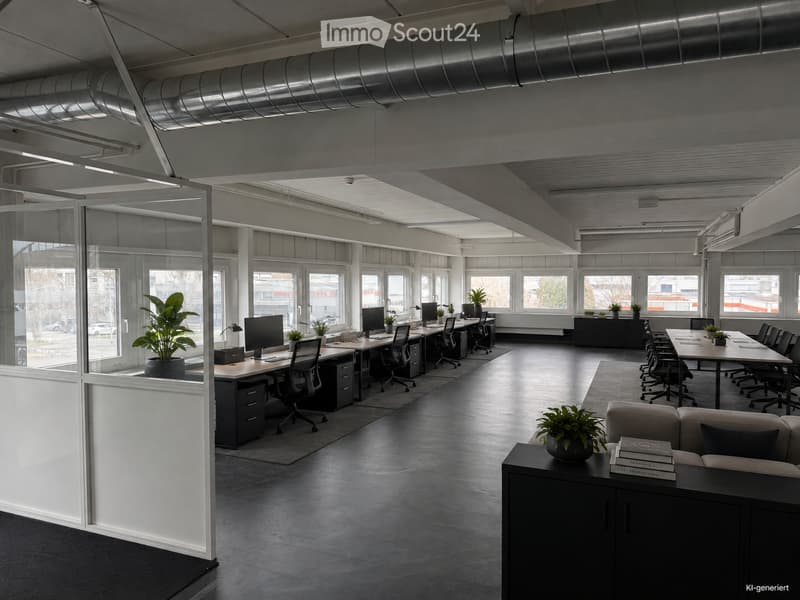 Modern office space with large windows, desks, chairs, a sofa, and plants.