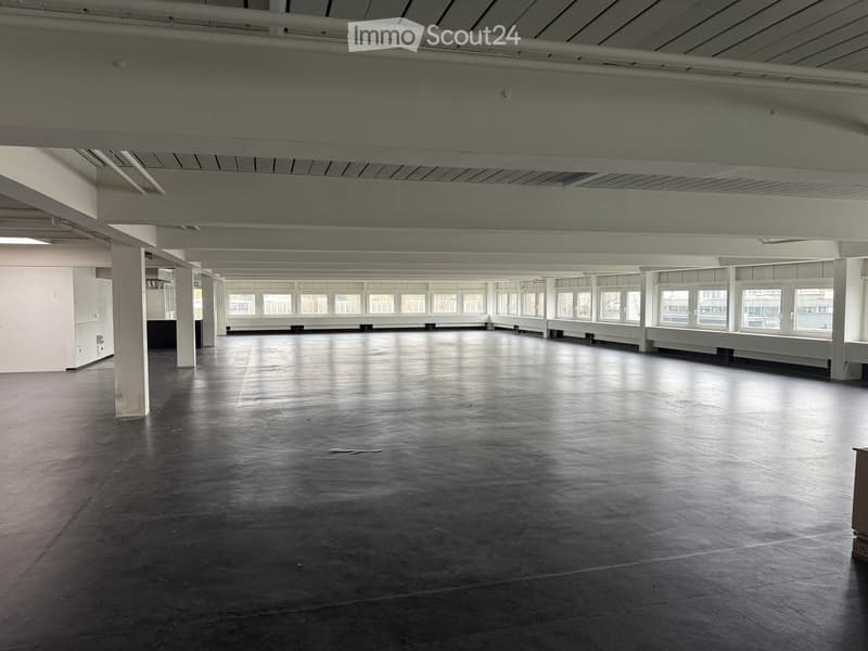 Empty room with polished concrete floor, white walls, large windows, and exposed ceiling beams.